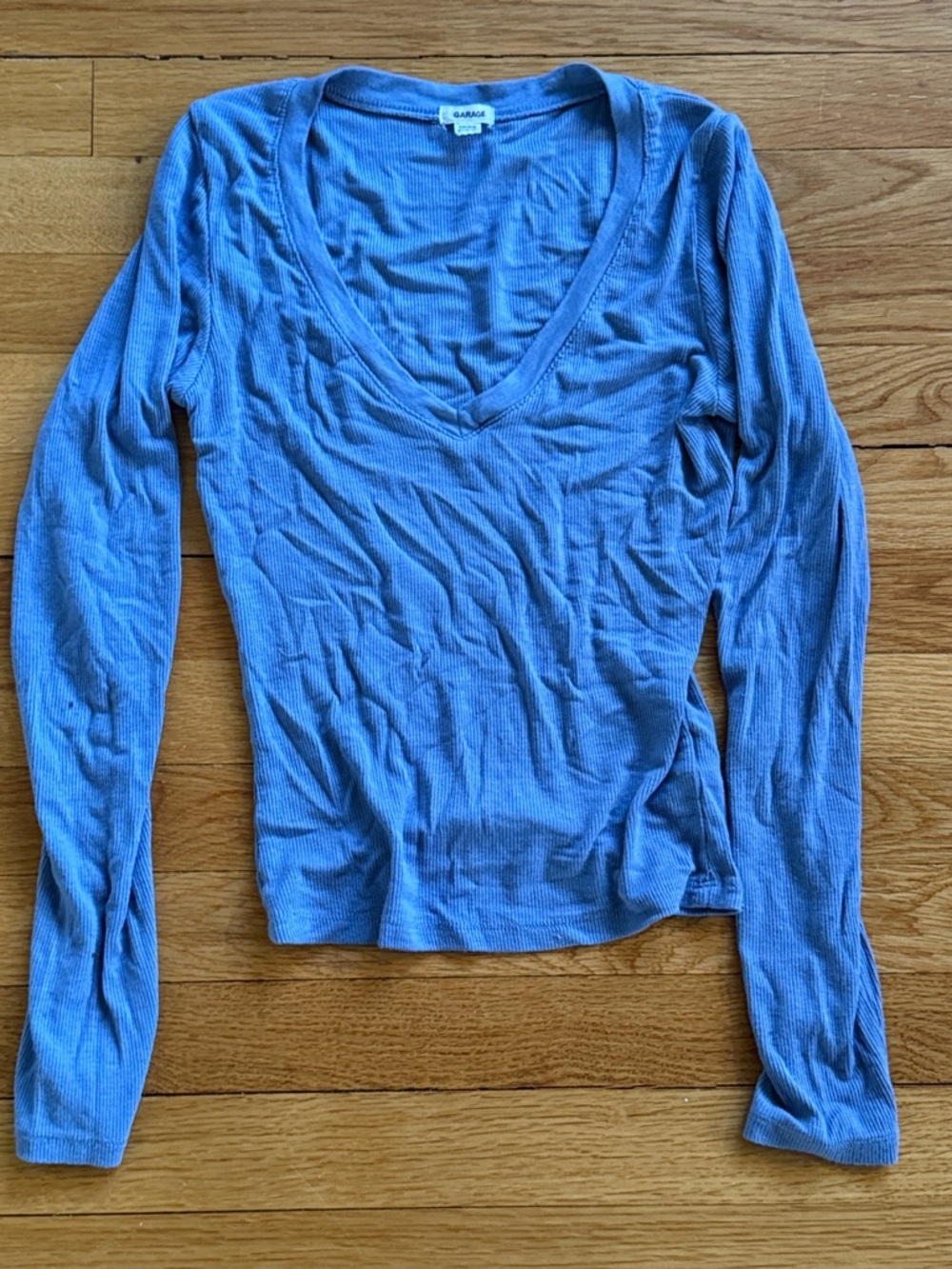 Garage Blue Ribbed V-Neck Long Sleeve Top